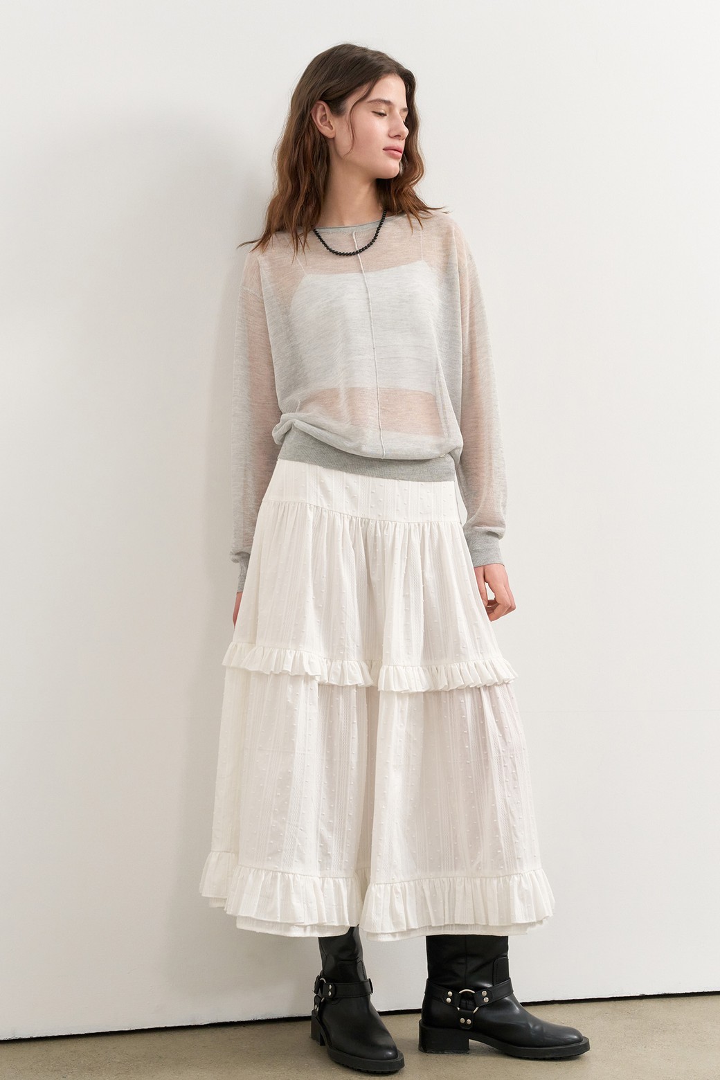 GENERAL IDEA - 롱스커트 - [25SS] WOMAN 프릴 티어드 롱스커트 [WHITE] / WBE2L13514