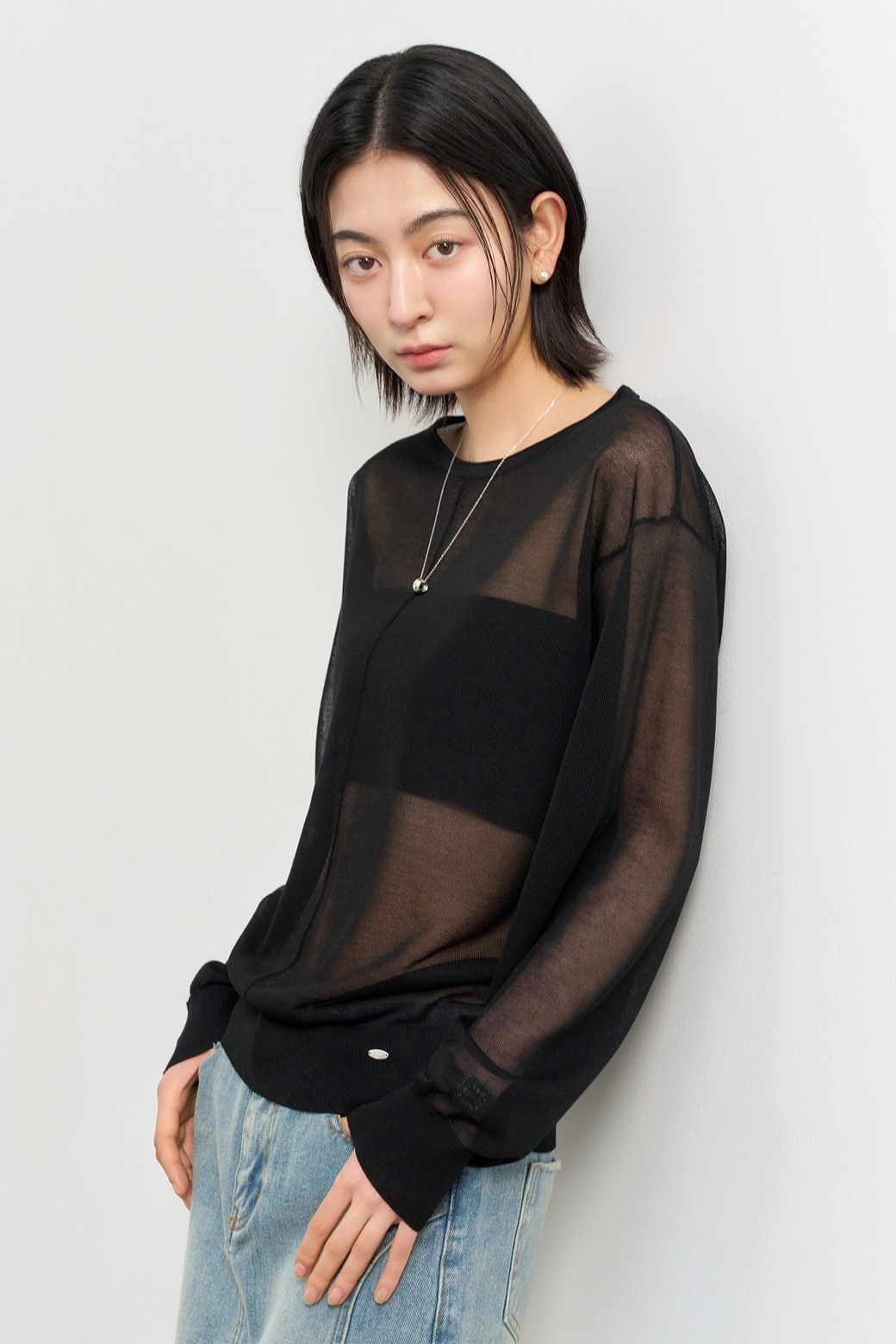 GENERAL IDEA - 스웨터 - [25SS] WOMAN 패커블 시어 루즈핏 풀오버 [BLACK] / WBE2L05541