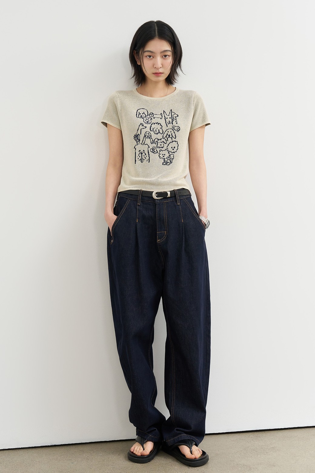 GENERAL IDEA - 스웨터 - [25SS] WOMAN 퍼피 프렌즈 자카드 하프 니트 [BEIGE] / WBE2L05539