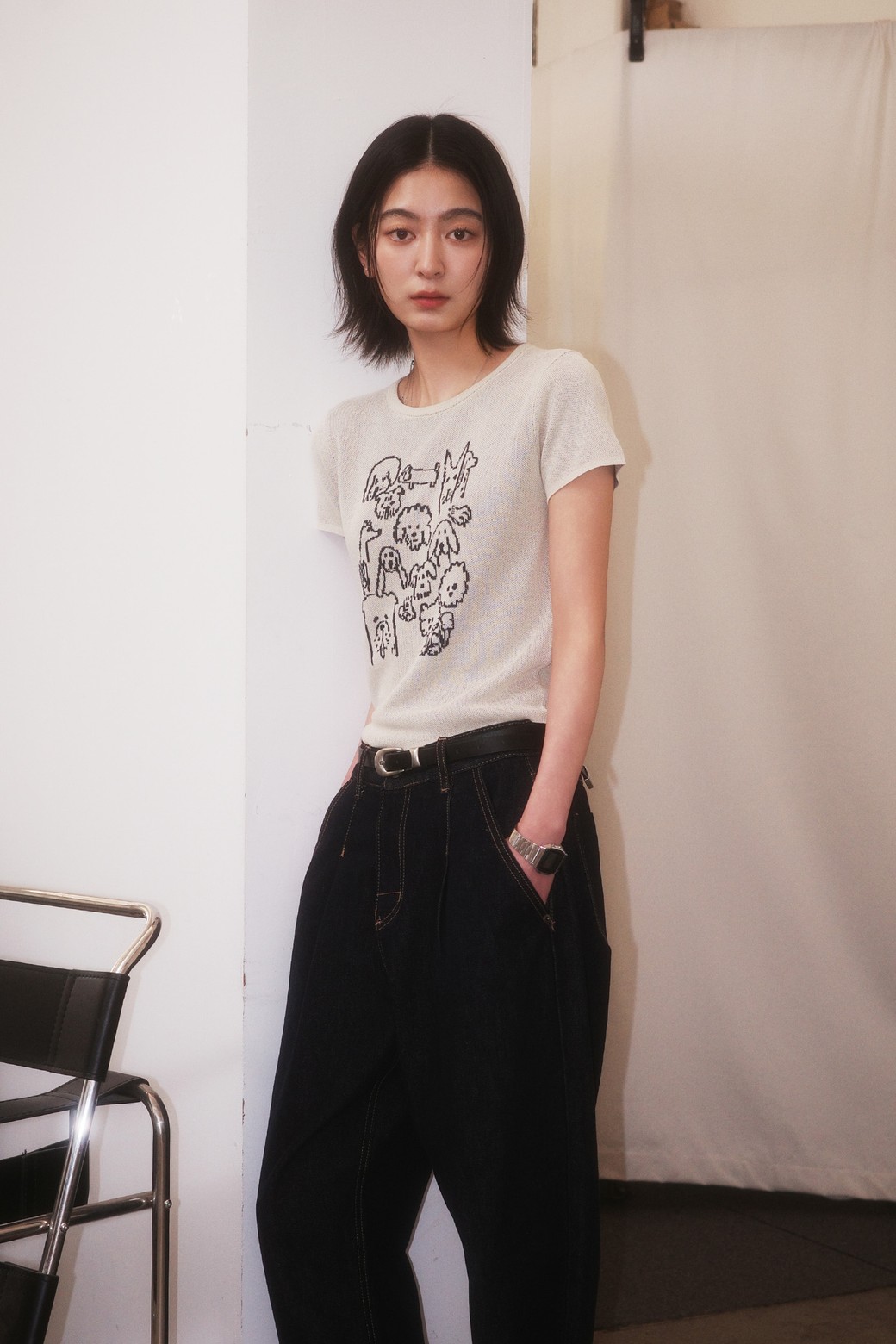 GENERAL IDEA - 스웨터 - [25SS] WOMAN 퍼피 프렌즈 자카드 하프 니트 [BEIGE] / WBE2L05539