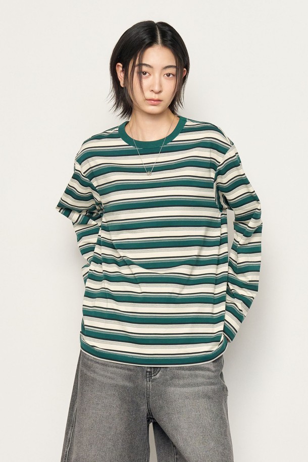 GENERAL IDEA - 긴소매 티셔츠 - [25SS]UNISEX 멀티 스트라이프 롱 슬리브 티 [GREEN] / SBE1U01006