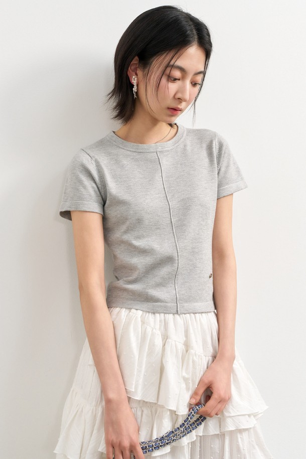 GENERAL IDEA - 스웨터 - [25SS] WOMAN 핀턱 크루넥 하프 니트 [LIGHT GREY] / WBE2L05537