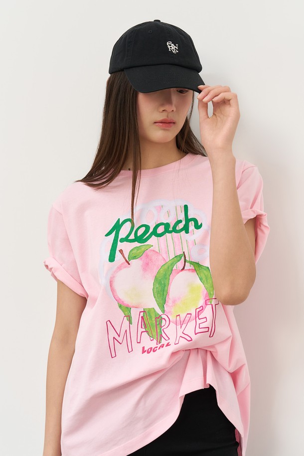 GENERAL IDEA - 반소매 티셔츠 - [25SS] WOMAN 후르츠 루즈핏 반팔티 [PINK PEACH] / WBE2L01537