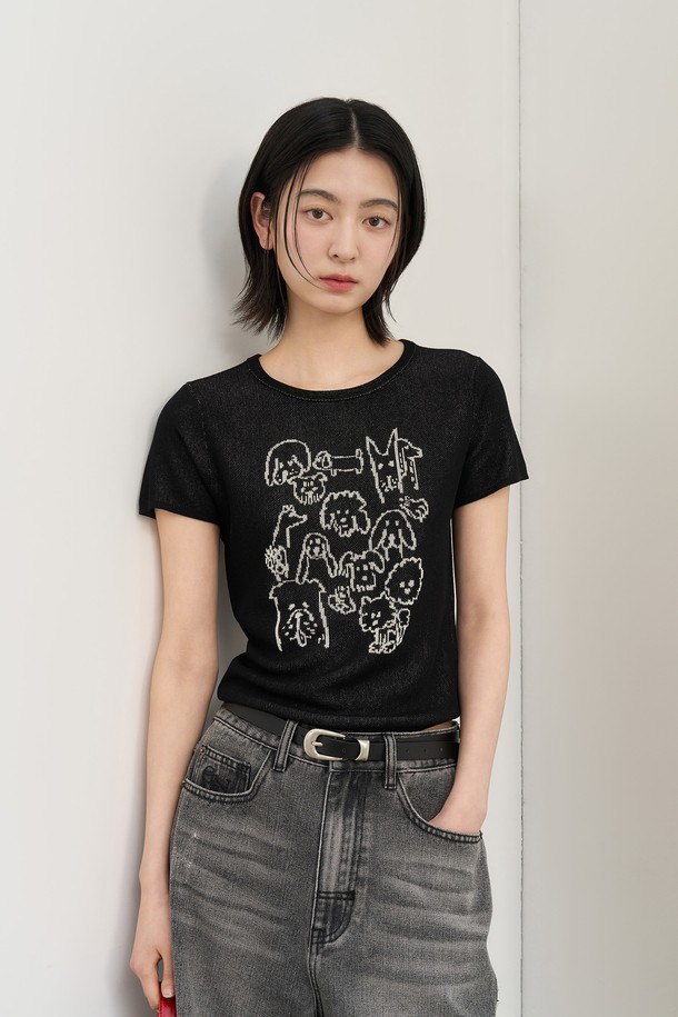 GENERAL IDEA - 스웨터 - [25SS] WOMAN 퍼피 프렌즈 자카드 하프 니트 [BLACK] / WBE2L05539