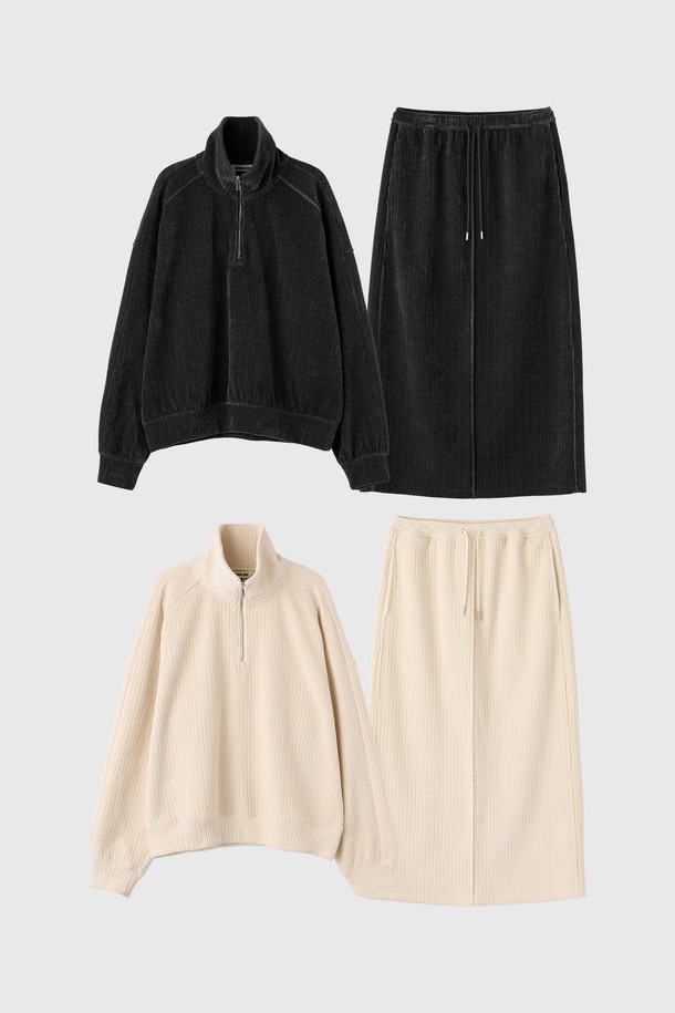 [25FW] WOMAN 리브드 벨로아 하프 집업 세트 [2COL]는 부드러운 벨로아 소재의 여성용 상하의 세트입니다. 캐주얼하고 베이직한 스타일로, 가을과 겨울에 따뜻하게 착용하기 좋습니다. 하프넥 디자인과 넉넉한 루즈핏으로 편안함을 더했으며, 집업 스타일로 간편하게 입고 벗을 수 있습니다. 블랙과 아이보리 두 가지 색상으로 출시되어, 취향에 맞게 선택 가능합니다. 집콕룩으로 활용하기 좋으며, 부드러운 촉감으로 포근함을 느낄 수 있습니다.
