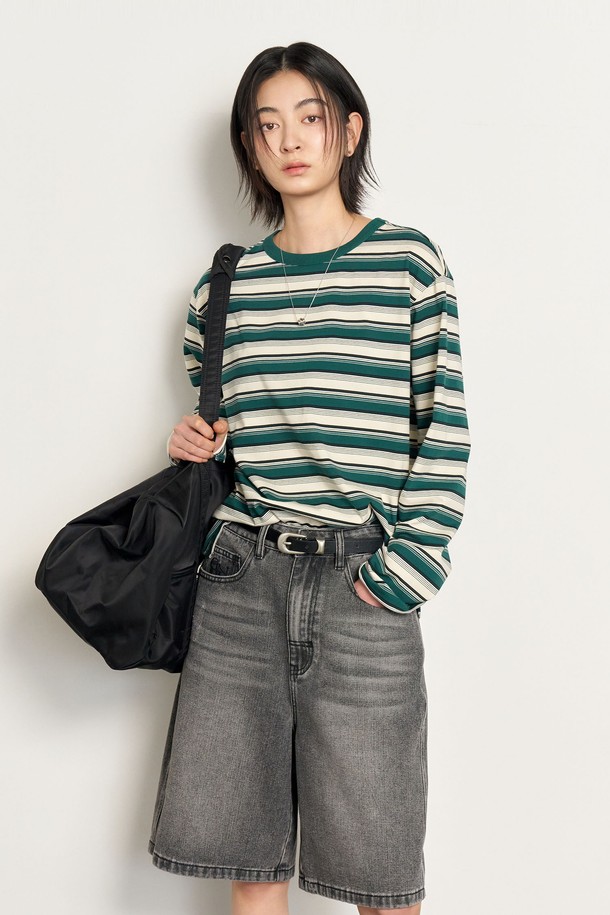 GENERAL IDEA - 긴소매 티셔츠 - [25SS]UNISEX 멀티 스트라이프 롱 슬리브 티 [GREEN] / SBE1U01006