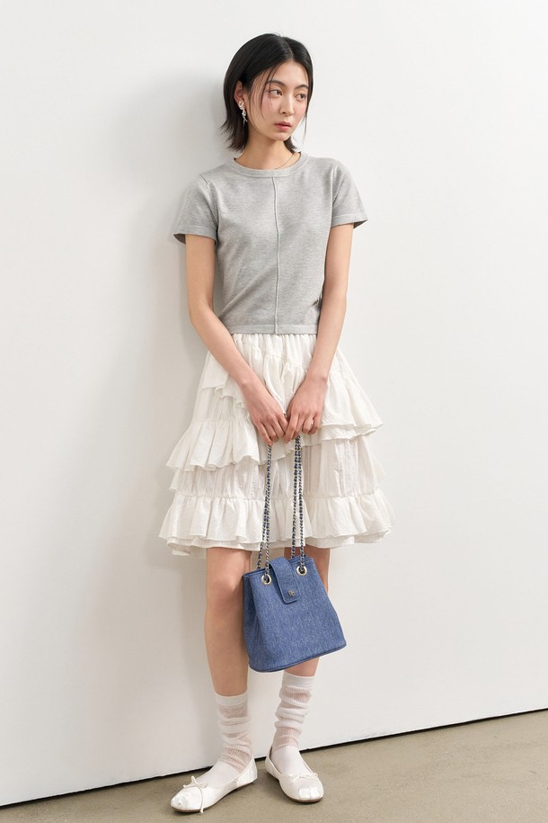 GENERAL IDEA - 스웨터 - [25SS] WOMAN 핀턱 크루넥 하프 니트 [LIGHT GREY] / WBE2L05537
