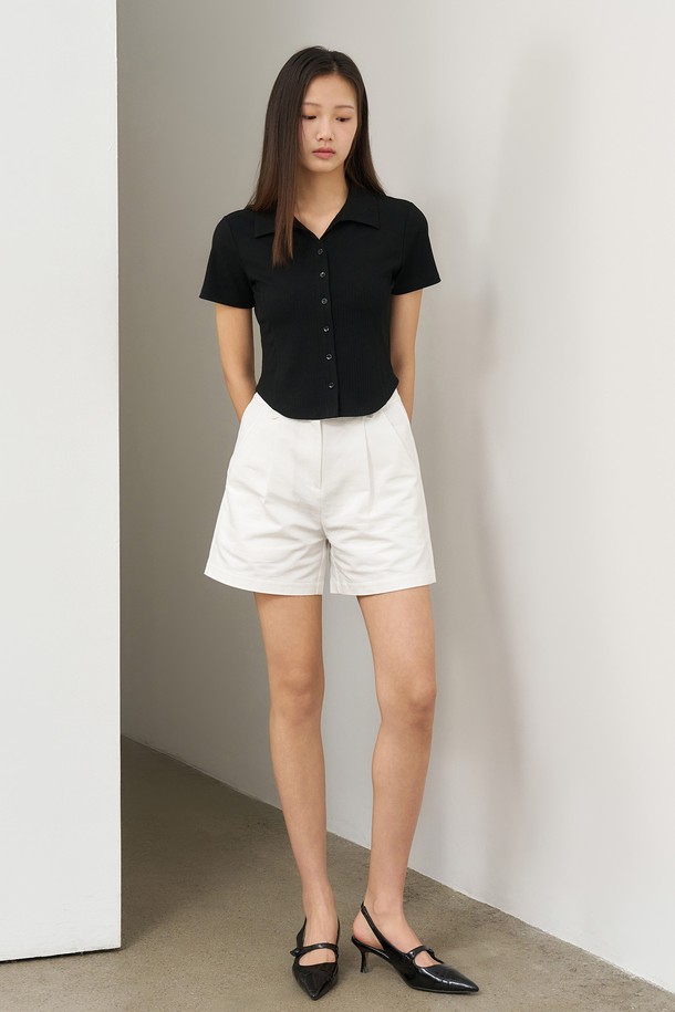 GENERAL IDEA - 셔츠 - [25SS] WOMAN 오픈 카라 리브드 하프 셔츠 [BLACK] / WBE2L03516