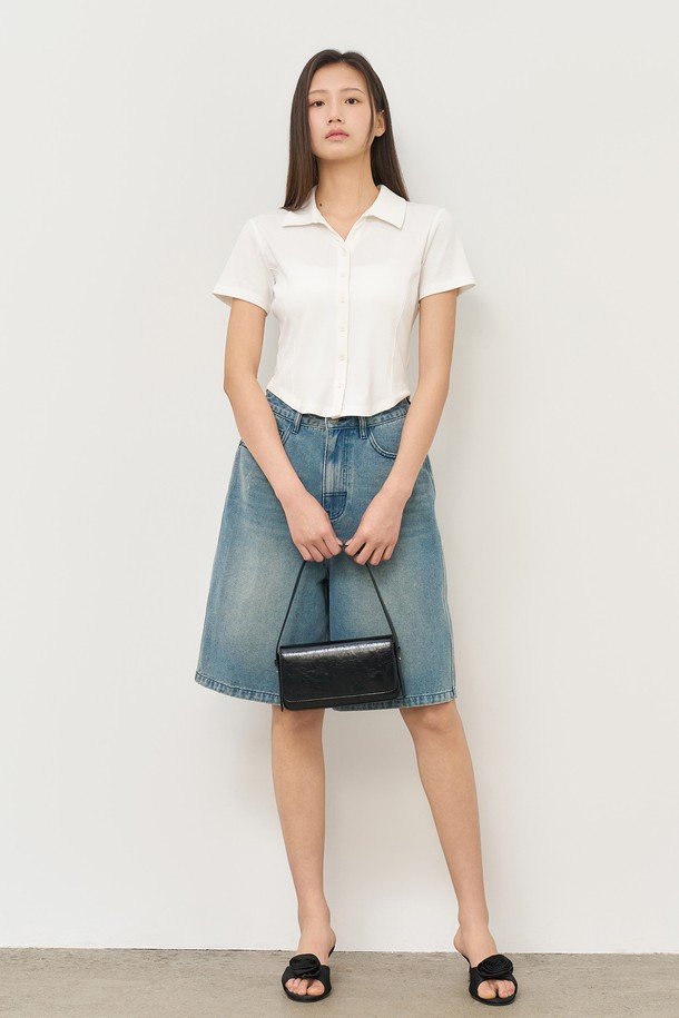 GENERAL IDEA - 셔츠 - [25SS] WOMAN 오픈 카라 리브드 하프 셔츠 [WHITE] / WBE2L03516