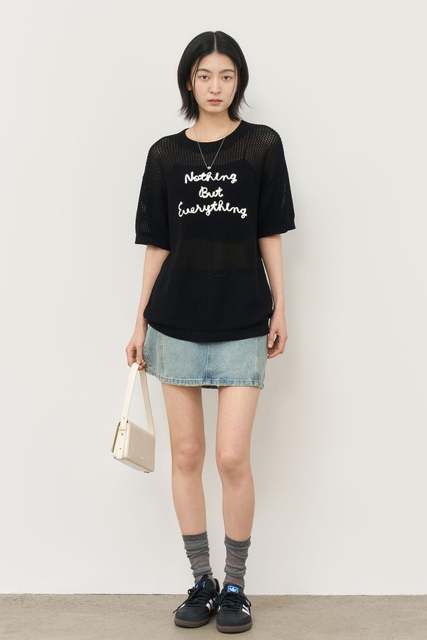 GENERAL IDEA - 스웨터 - [25SS] WOMAN 코드 스티치 네트 하프 니트 [BLACK] / WBE2L05535