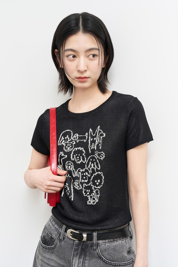 GENERAL IDEA - 스웨터 - [25SS] WOMAN 퍼피 프렌즈 자카드 하프 니트 [BLACK] / WBE2L05539