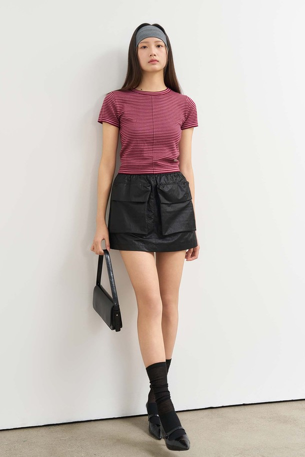 GENERAL IDEA - 스웨터 - [25SS] WOMAN 스트라이프 크루넥 하프 니트 [BURGUNDY] / WBE2L05543
