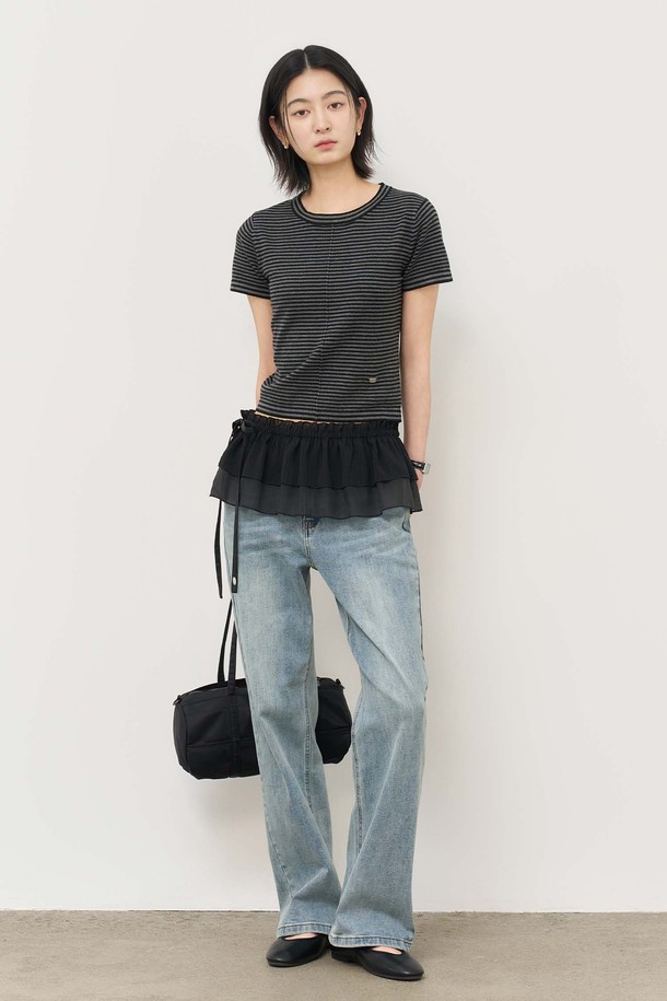 GENERAL IDEA - 스웨터 - [25SS] WOMAN 스트라이프 크루넥 하프 니트 [BLACK] / WBE2L05543