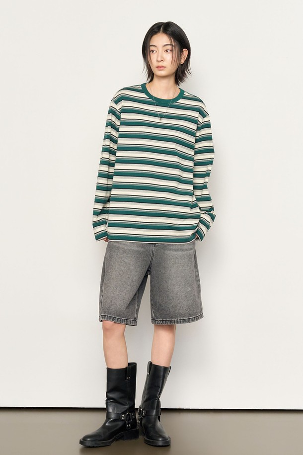 GENERAL IDEA - 긴소매 티셔츠 - [25SS]UNISEX 멀티 스트라이프 롱 슬리브 티 [GREEN] / SBE1U01006