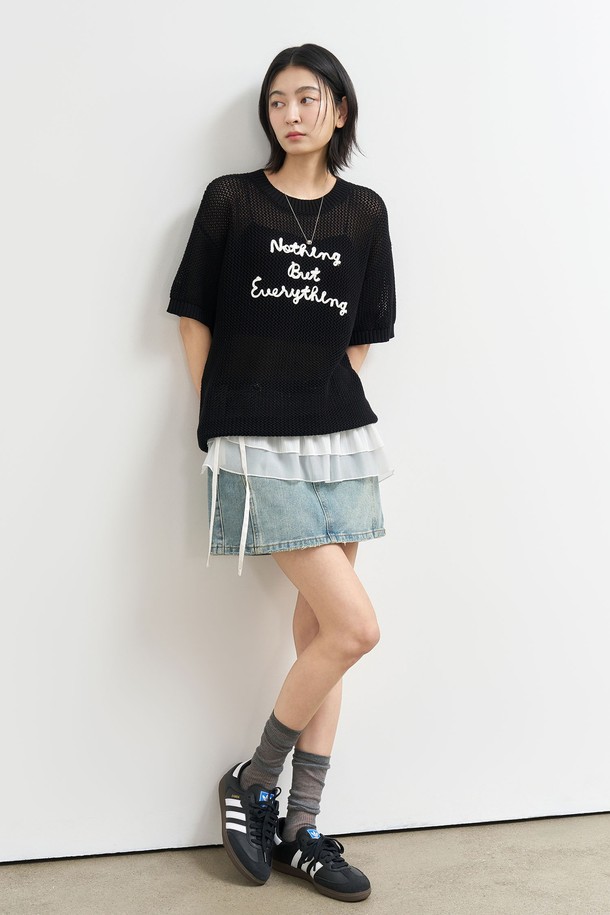 GENERAL IDEA - 스웨터 - [25SS] WOMAN 코드 스티치 네트 하프 니트 [BLACK] / WBE2L05535