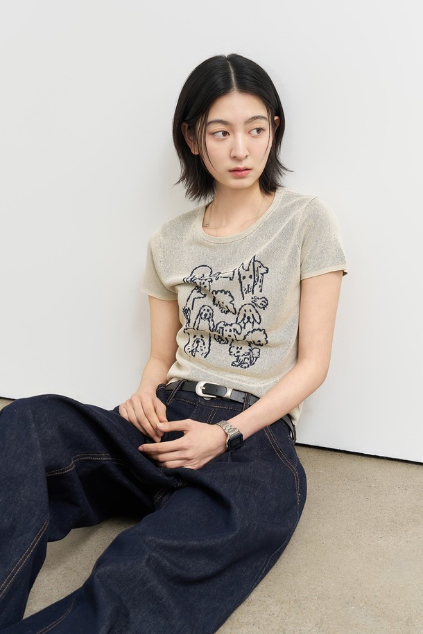 GENERAL IDEA - 스웨터 - [25SS] WOMAN 퍼피 프렌즈 자카드 하프 니트 [BEIGE] / WBE2L05539