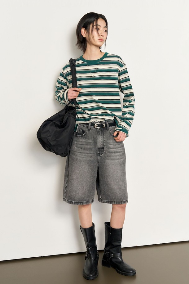 GENERAL IDEA - 긴소매 티셔츠 - [25SS]UNISEX 멀티 스트라이프 롱 슬리브 티 [GREEN] / SBE1U01006
