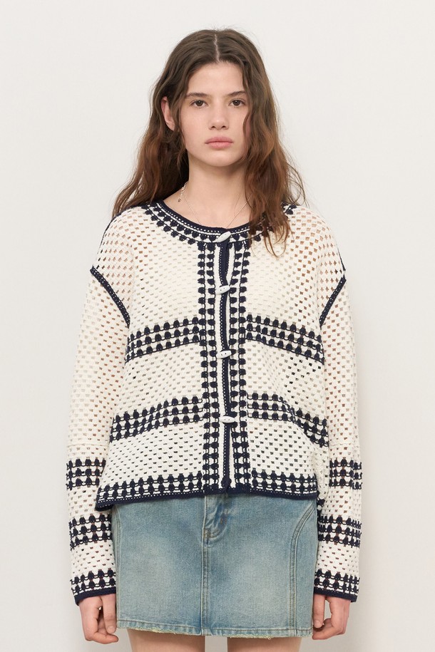 GENERAL IDEA - 가디건 - [25SS] WOMAN 크로셰 루즈핏 가디건 [NAVY] / WBE2L04526