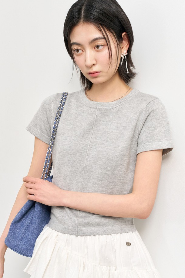GENERAL IDEA - 스웨터 - [25SS] WOMAN 핀턱 크루넥 하프 니트 [LIGHT GREY] / WBE2L05537