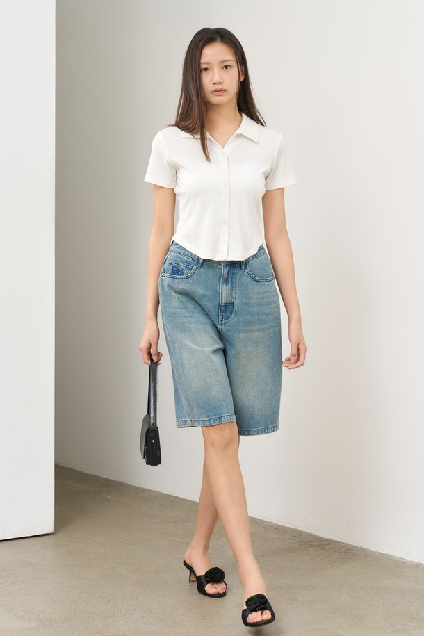 GENERAL IDEA - 셔츠 - [25SS] WOMAN 오픈 카라 리브드 하프 셔츠 [WHITE] / WBE2L03516