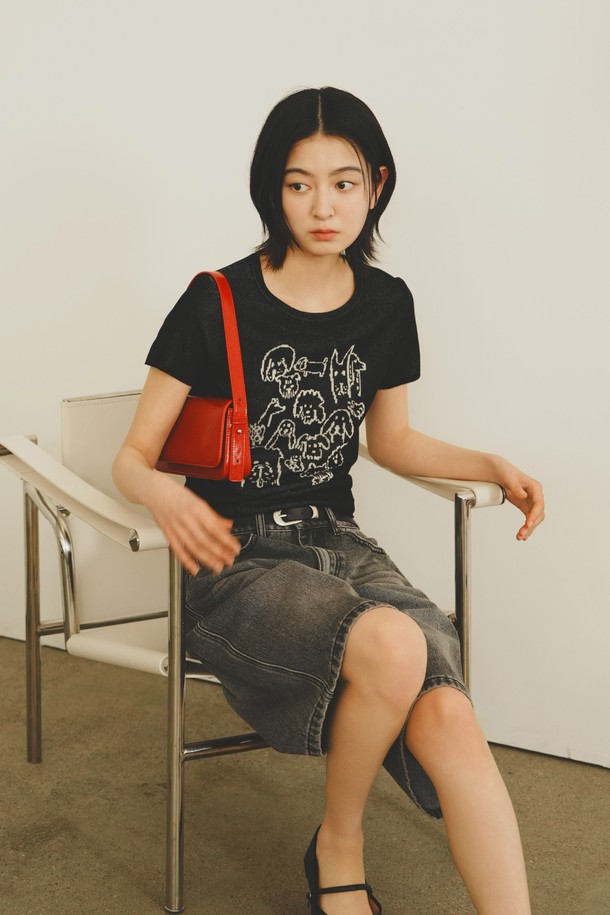 GENERAL IDEA - 스웨터 - [25SS] WOMAN 퍼피 프렌즈 자카드 하프 니트 [BLACK] / WBE2L05539