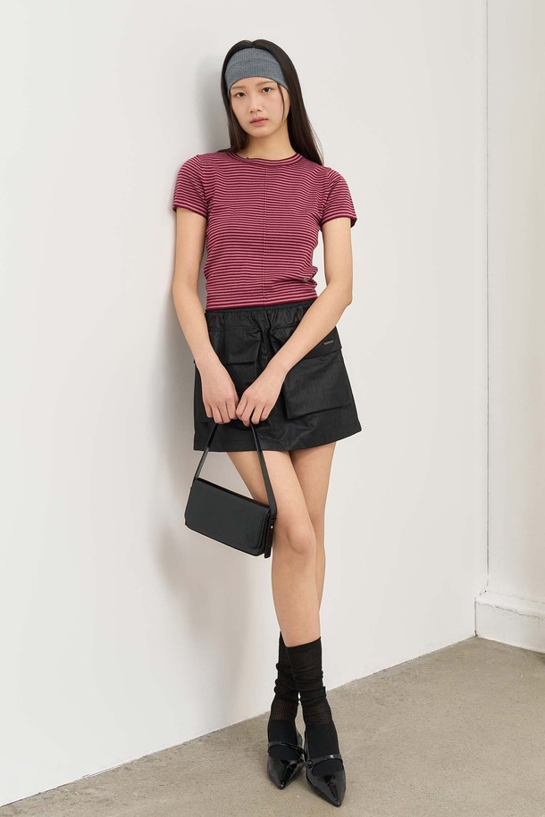 GENERAL IDEA - 스웨터 - [25SS] WOMAN 스트라이프 크루넥 하프 니트 [BURGUNDY] / WBE2L05543