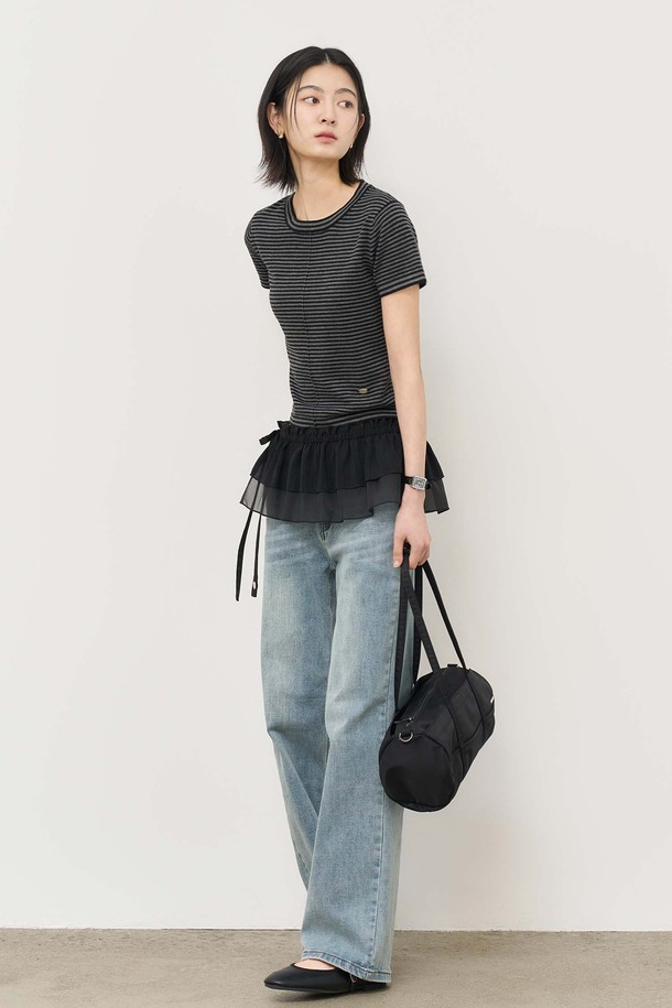 GENERAL IDEA - 스웨터 - [25SS] WOMAN 스트라이프 크루넥 하프 니트 [BLACK] / WBE2L05543