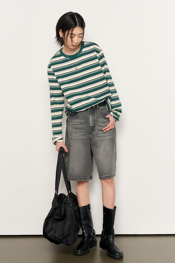 GENERAL IDEA - 긴소매 티셔츠 - [25SS]UNISEX 멀티 스트라이프 롱 슬리브 티 [GREEN] / SBE1U01006