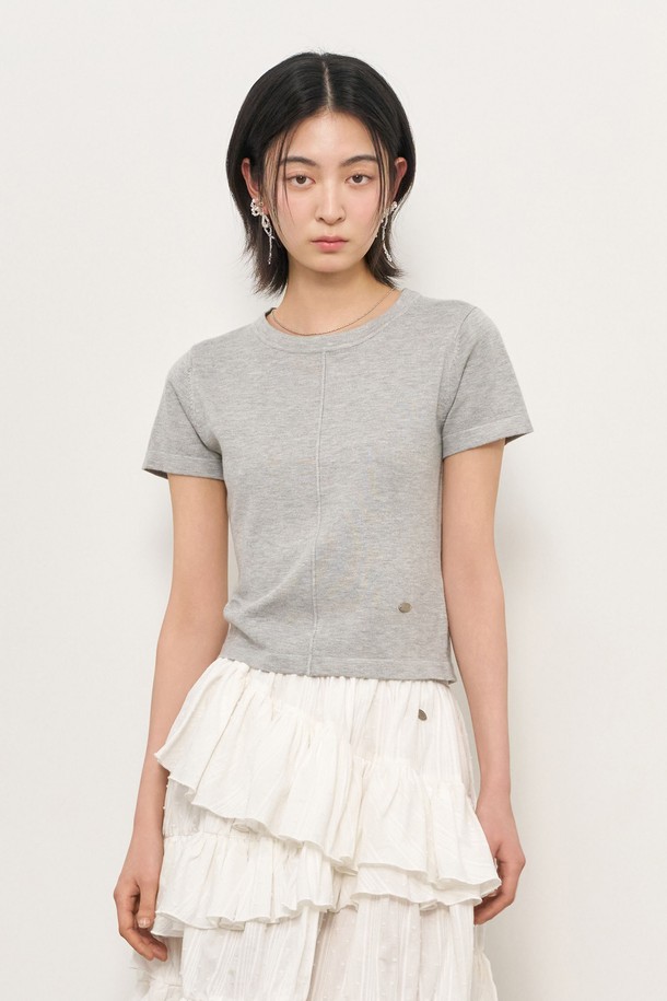 GENERAL IDEA - 스웨터 - [25SS] WOMAN 핀턱 크루넥 하프 니트 [LIGHT GREY] / WBE2L05537