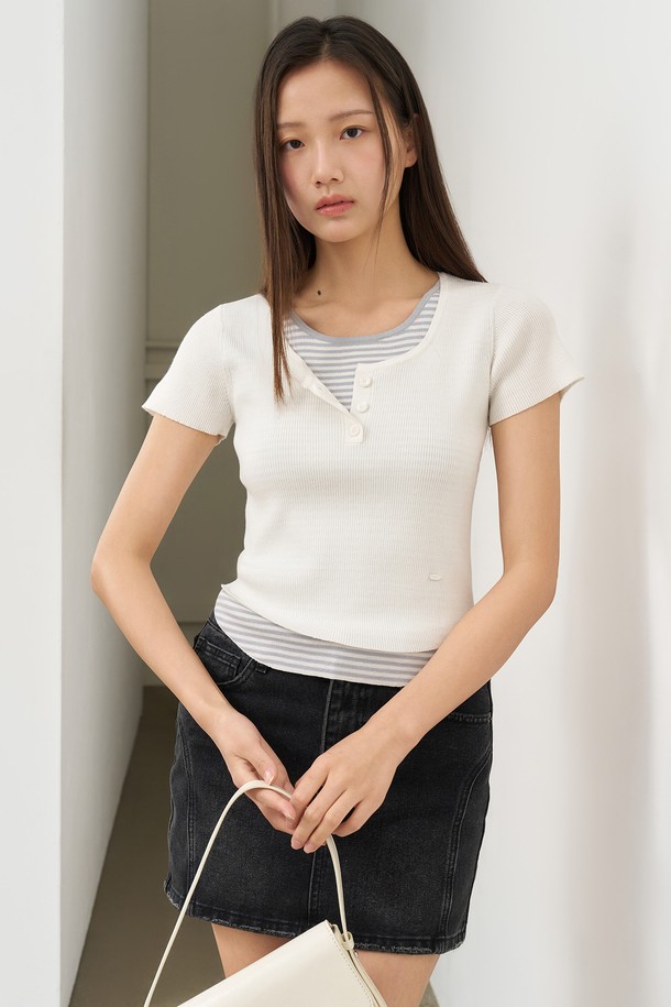 GENERAL IDEA - 반소매 티셔츠 - [25SS] WOMAN 스트라이프 레이어드 풀오버 [WHITE] / WBE2L05536