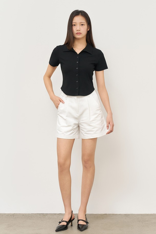 GENERAL IDEA - 셔츠 - [25SS] WOMAN 오픈 카라 리브드 하프 셔츠 [BLACK] / WBE2L03516
