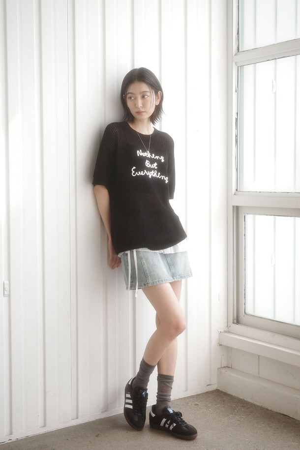 GENERAL IDEA - 스웨터 - [25SS] WOMAN 코드 스티치 네트 하프 니트 [BLACK] / WBE2L05535