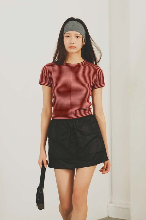 GENERAL IDEA - 스웨터 - [25SS] WOMAN 스트라이프 크루넥 하프 니트 [BURGUNDY] / WBE2L05543