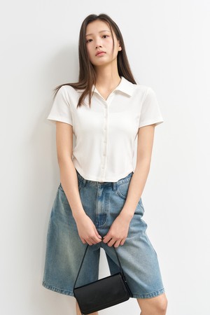 [25SS] WOMAN 오픈 카라 리브드 하프 셔츠 [WHITE] / WBE2L03516