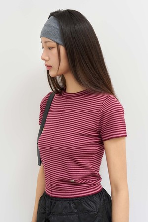 [25SS] WOMAN 스트라이프 크루넥 하프 니트 [BURGUNDY] / WBE2L05543