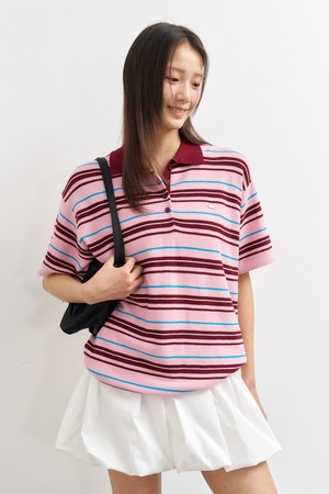 [25SS] WOMAN 멀티 스트라이프 카라 하프 니트 [PINK] / WBE2L05546
