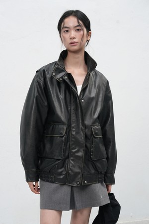 [25FW] WOMAN 하이넥 페이크 레더 블루종 [BLACK] / WBE3L09512