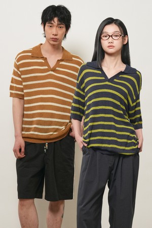 [26SS] UNISEX 원버튼 카라 스트라이프 하프 니트 [3COL] / GF2UKP021