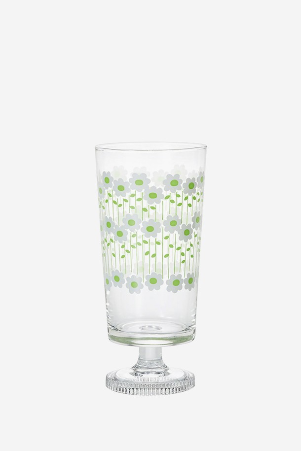 아데리아 텀블러 윗 스템 305ml - 베이비스 브레스는 1970-80년대 디자인을 모티브로 한 레트로 & 빈티지 스타일의 텀블러/유리컵입니다. 소다유리로 제작되었으며, 투명한 유리와 하늘색, 노랑, 주황 색상의 조화가 돋보이는 플라워, 기하학 패턴을 담고 있습니다. 짧은 스템(받침대)과 빈티지 스타일 프린트가 특징이며, 305ml 용량으로 크림소다나 파르페를 담기에 적합합니다. 음료용, 화병용, 장식용으로 다양하게 활용 가능하며, 사이즈는 지름70 x 높이750mm입니다.