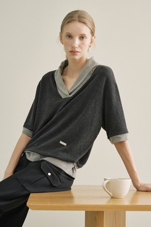 숄카라 배색 5부 니트_GREY-a