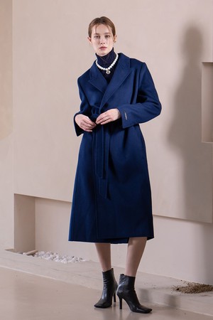 [22FW] Cashmere belt detailed wrap coat - navy