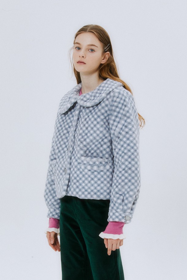 MARGARIN FINGERS - 코트 - [22FW] GINGHAM CHECK ECO FUR (LIGHT BLUE)