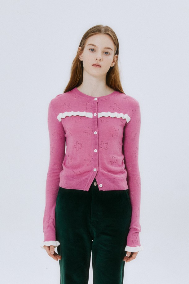 MARGARIN FINGERS - 가디건 - [22FW] STAR PUNCHING KNIT CARDIGAN (PINK)