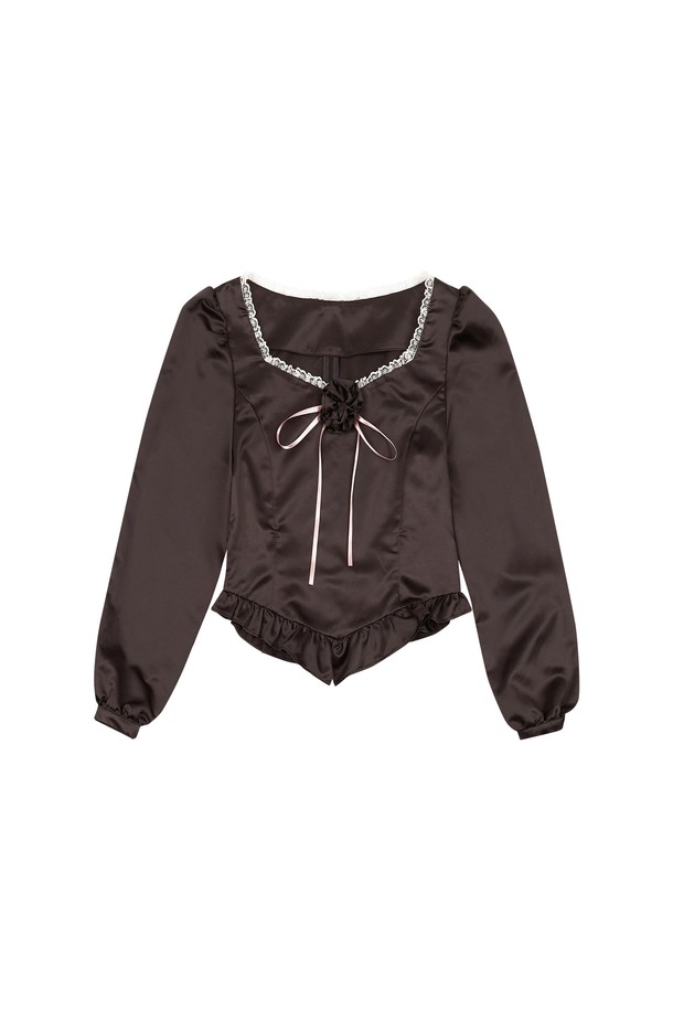 MARGARIN FINGERS - 블라우스 - [23FW] CORSAGE SATIN BLOUSE (DARK BROWN)