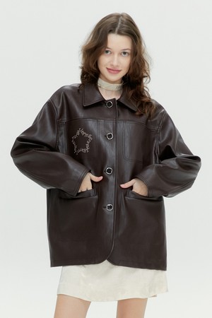 [23FW] STAR FAUX LEATHER JACKET (BROWN)