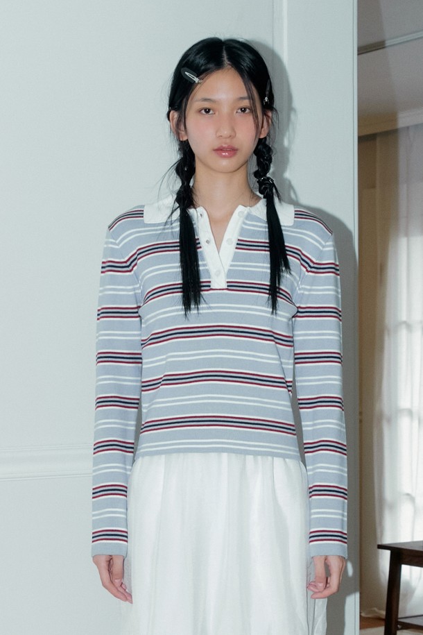 MARGARIN FINGERS - 스웨터 - [24FW] MULTI STRIPE PIQUE KNIT (LIGHT BLUE)