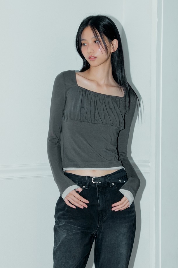 MARGARIN FINGERS - 긴소매 티셔츠 - [24FW] SQUARE SHIRRING TOP (CHARCOAL)