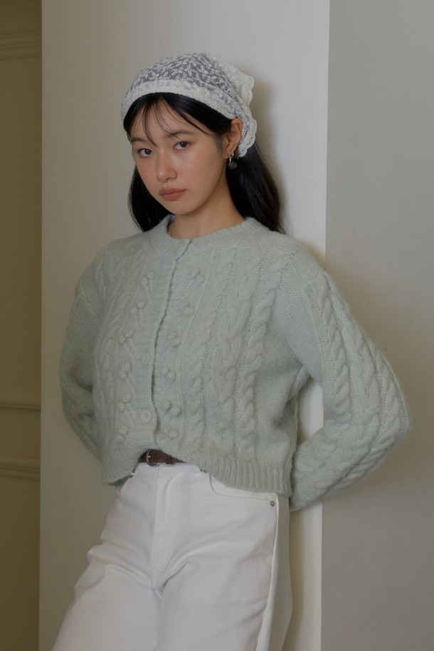 MARGARIN FINGERS - 가디건 - [24FW] POM POM TWIST CARDIGAN (MINT)