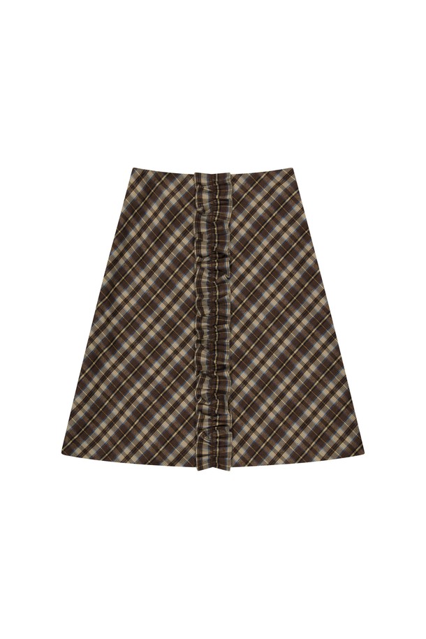 MARGARIN FINGERS - 미디스커트 - [24FW] CHECK FRILL MIDI SKIRT (BROWN)