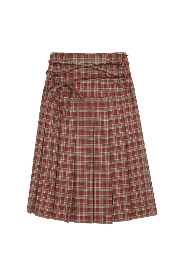 MARGARIN FINGERS - 롱스커트 - [24WINTER] STRING PLEATS SKIRT (DARK RED)